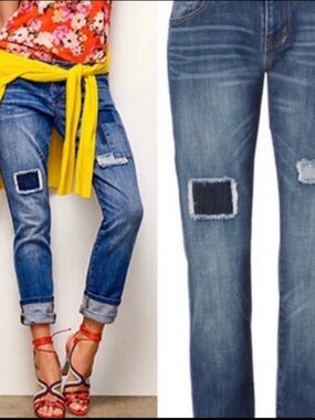 CAbi Slim Boyfriend Patchwork Jeans - Blue with Dark Patch Accents Sz 10 #5308